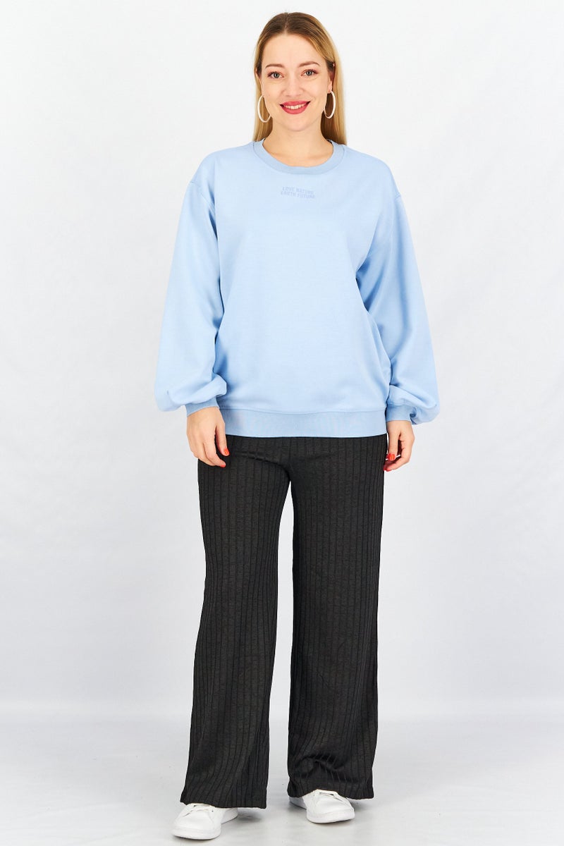 Women Crew Neck Graphic Sweatshirt, Blue