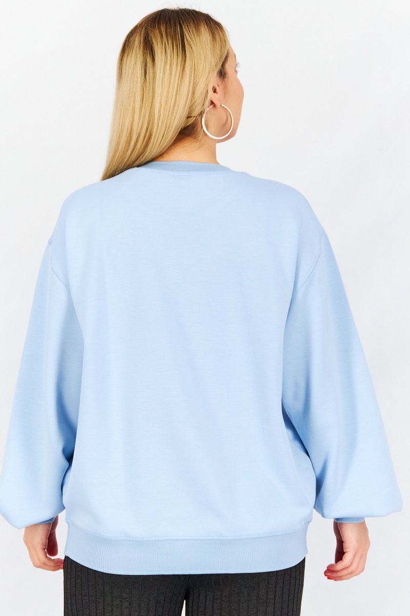Women Crew Neck Graphic Sweatshirt, Blue