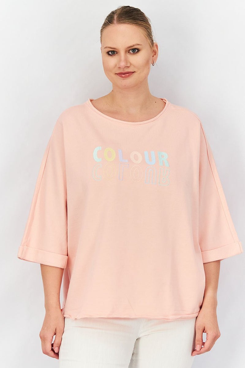 Women Round Neck Embroidered Sweatshirt, Pink Combo