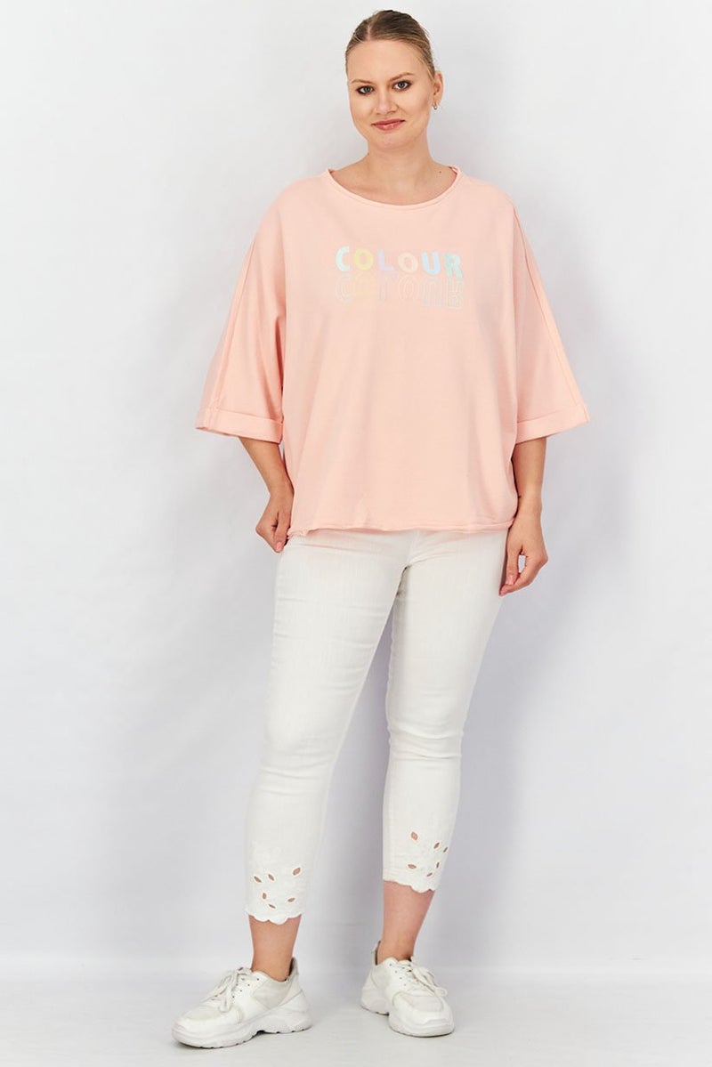 Women Round Neck Embroidered Sweatshirt, Pink Combo