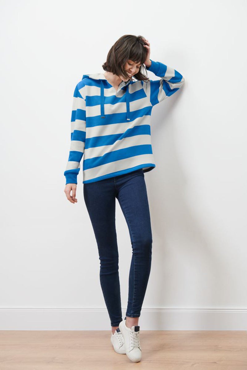 Women Hooded Long Sleeves Stripe Sweatshirt, Blue