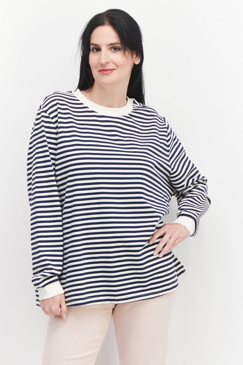 Women Crew Neck Long Sleeve Stripe Sweatshirt, Navy