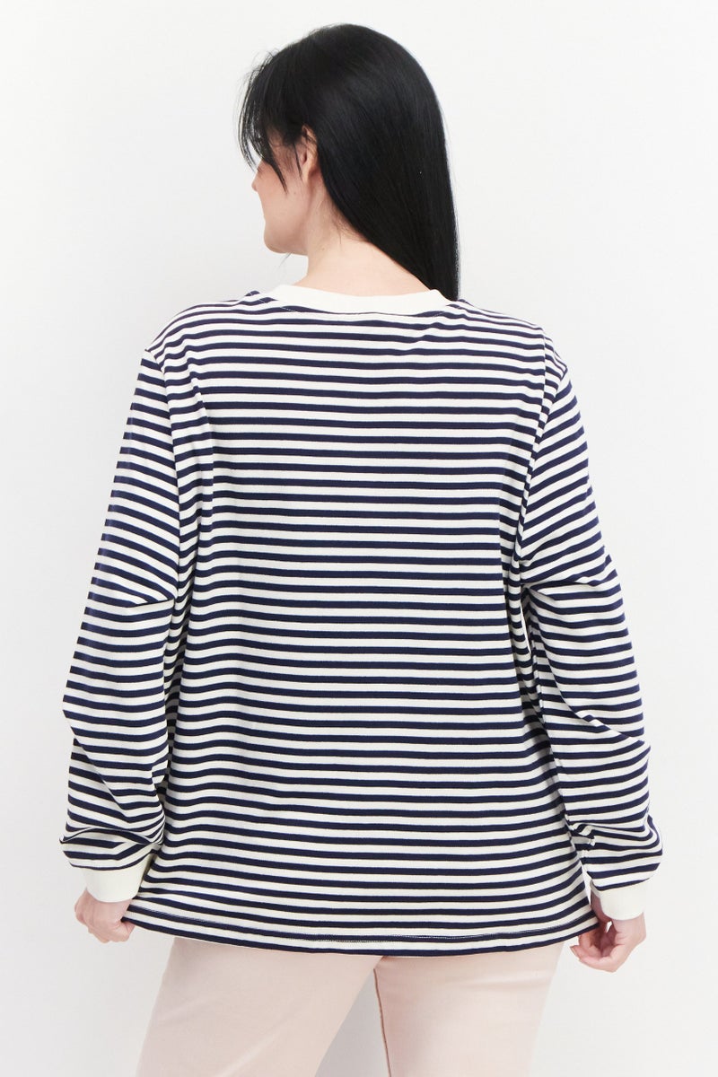Women Crew Neck Long Sleeve Stripe Sweatshirt, Navy