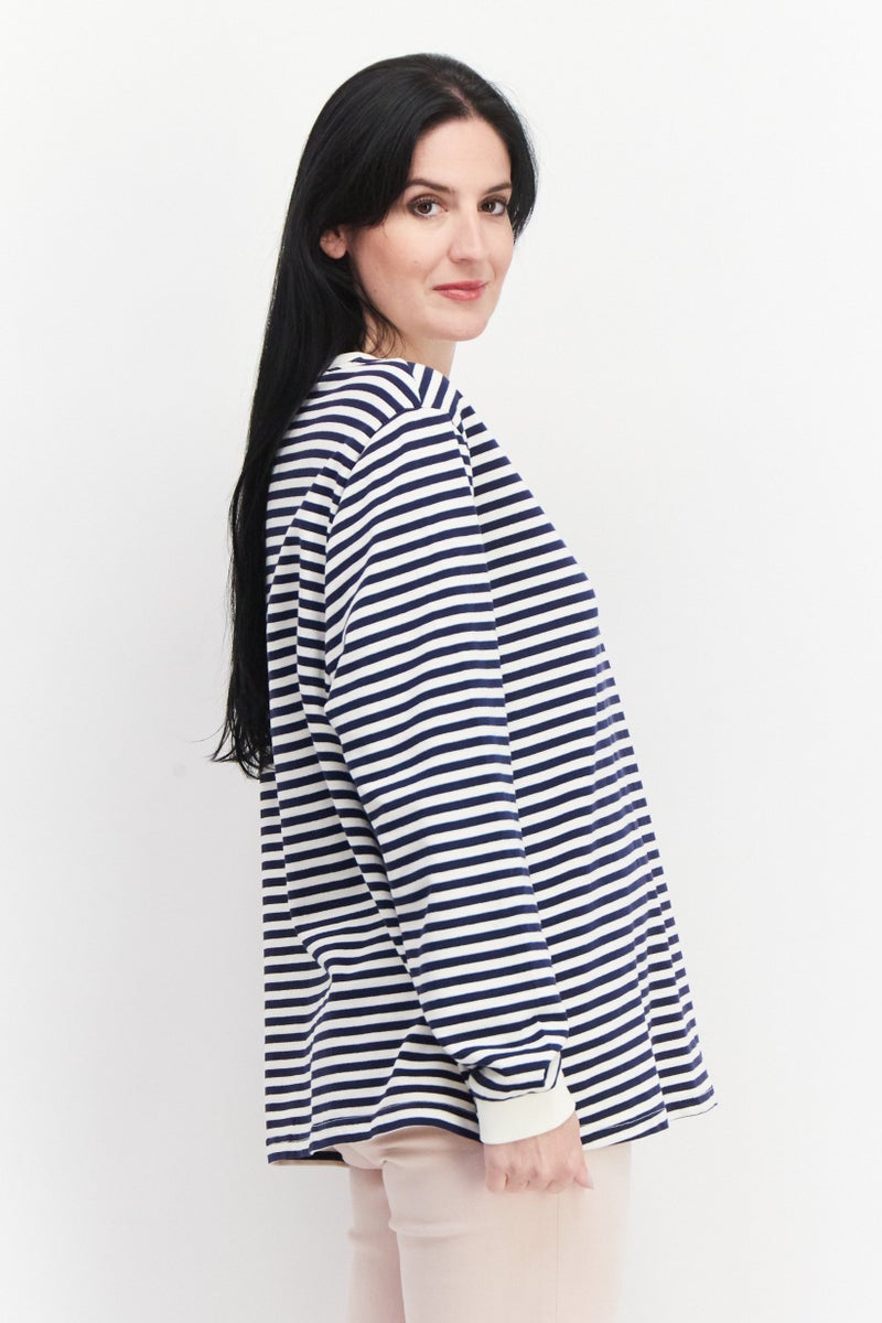 Women Crew Neck Long Sleeve Stripe Sweatshirt, Navy
