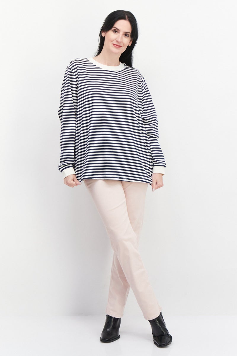 Women Crew Neck Long Sleeve Stripe Sweatshirt, Navy