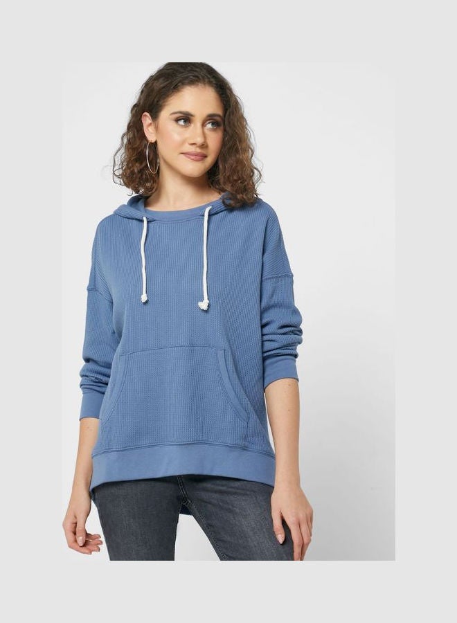 Drawstring Ribbed Hoodies Blue