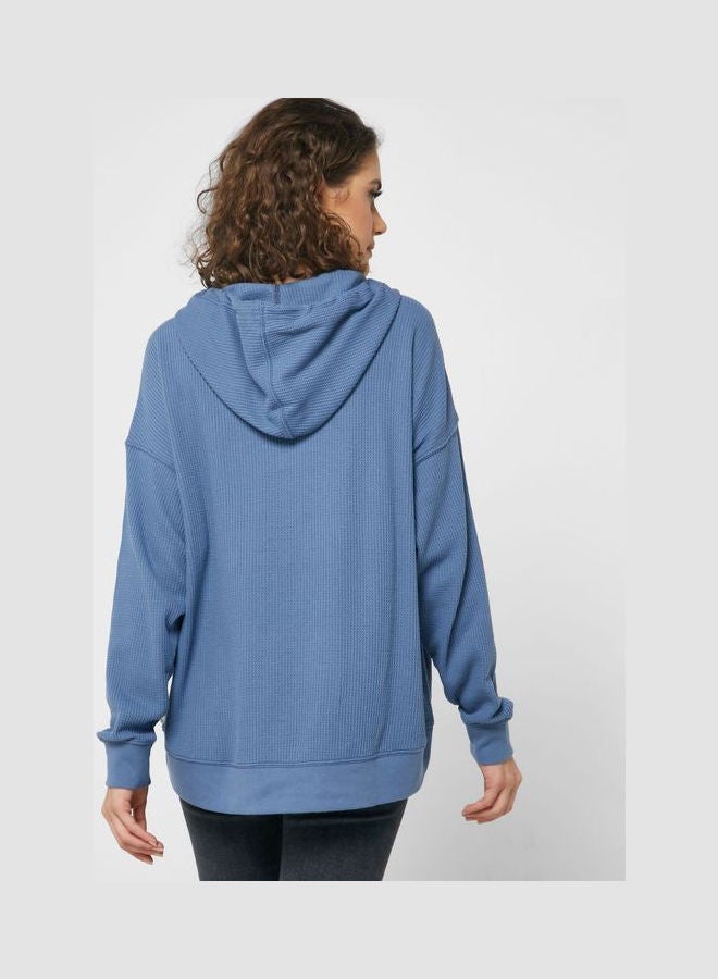 Drawstring Ribbed Hoodies Blue