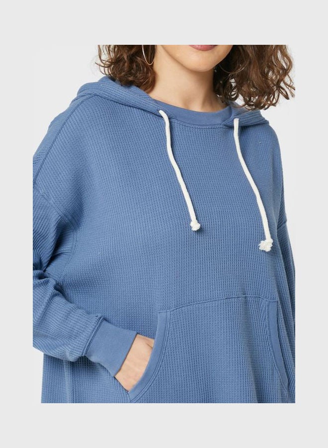 Drawstring Ribbed Hoodies Blue