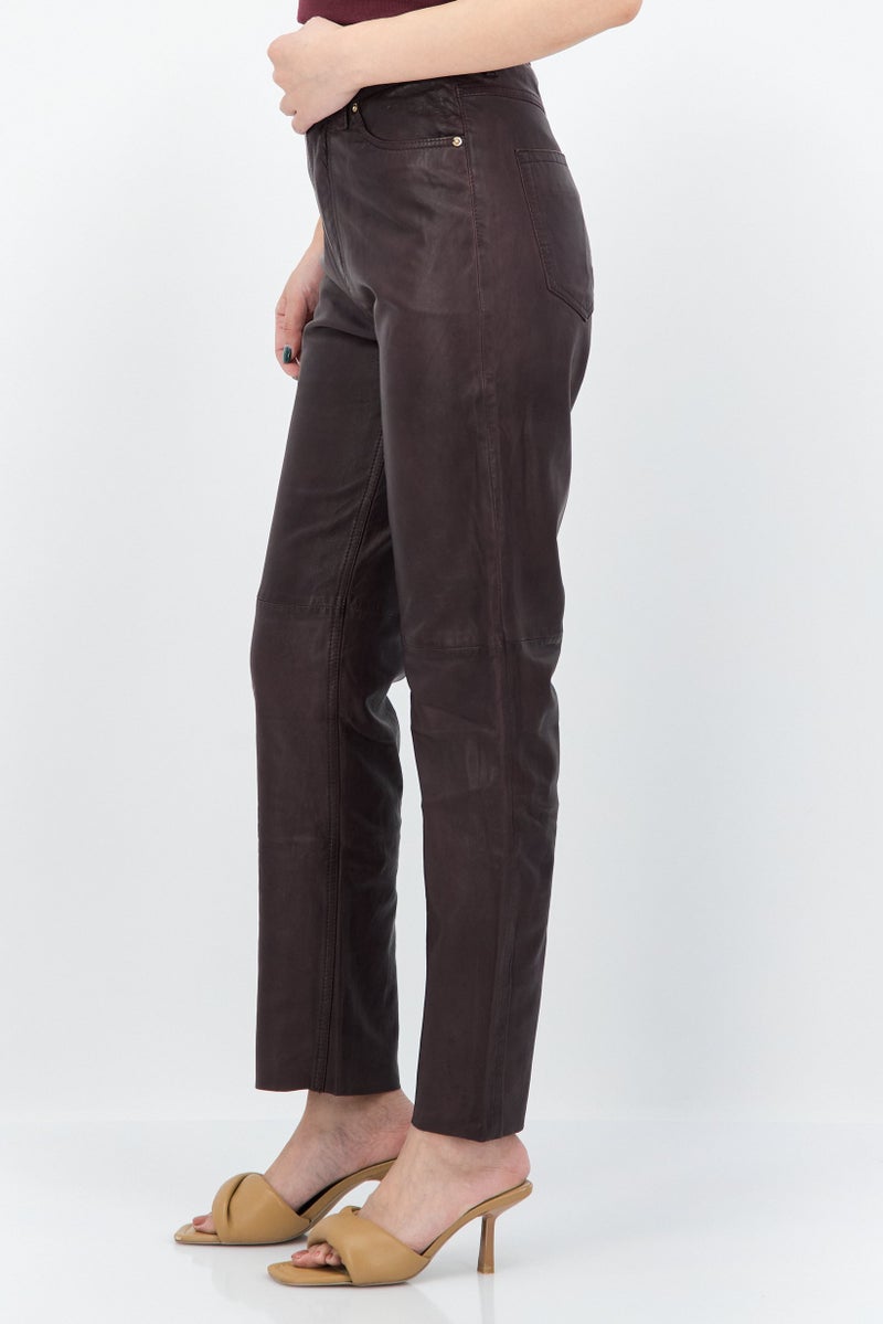 Women Regular Fit Solid Straight Leg Pants, Brown