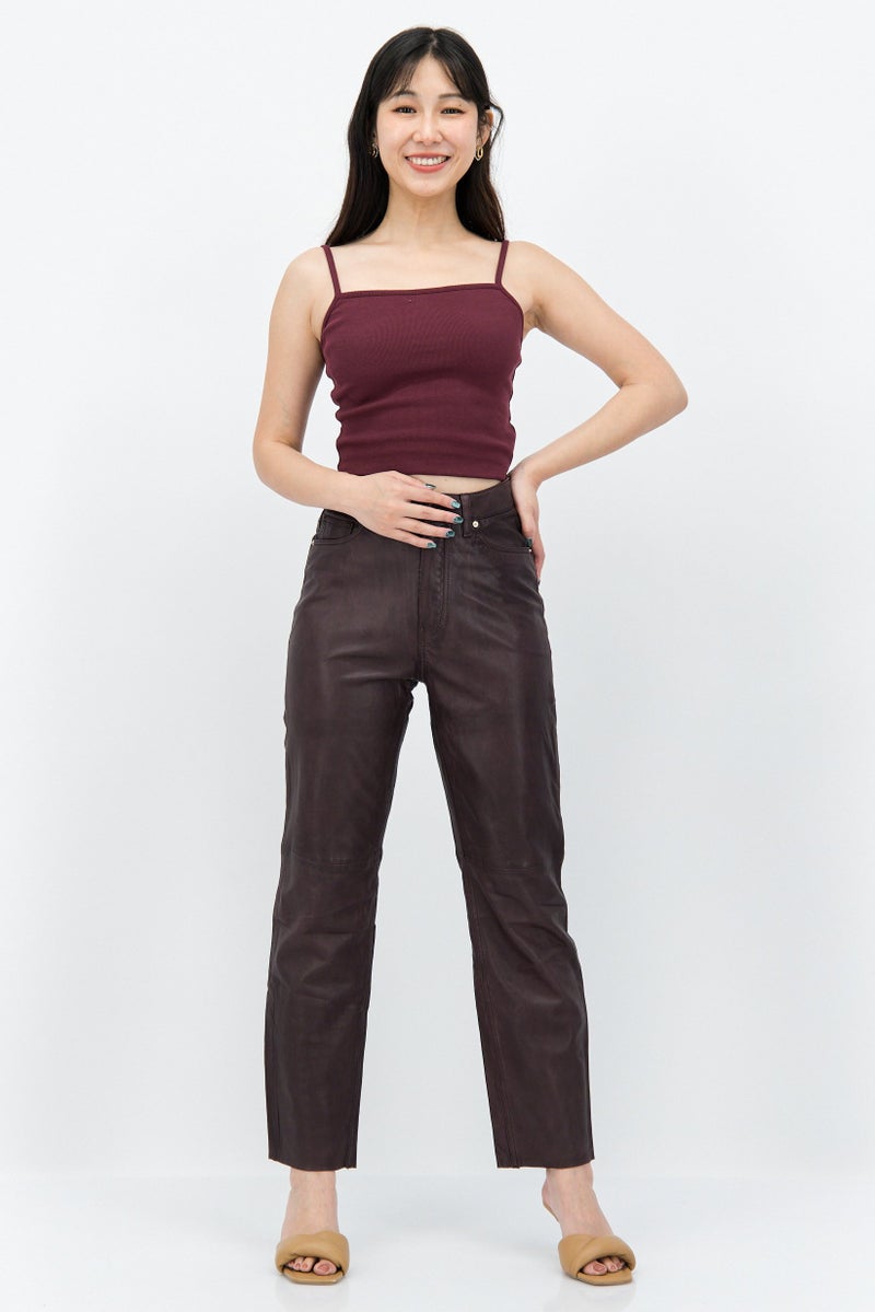 Women Regular Fit Solid Straight Leg Pants, Brown