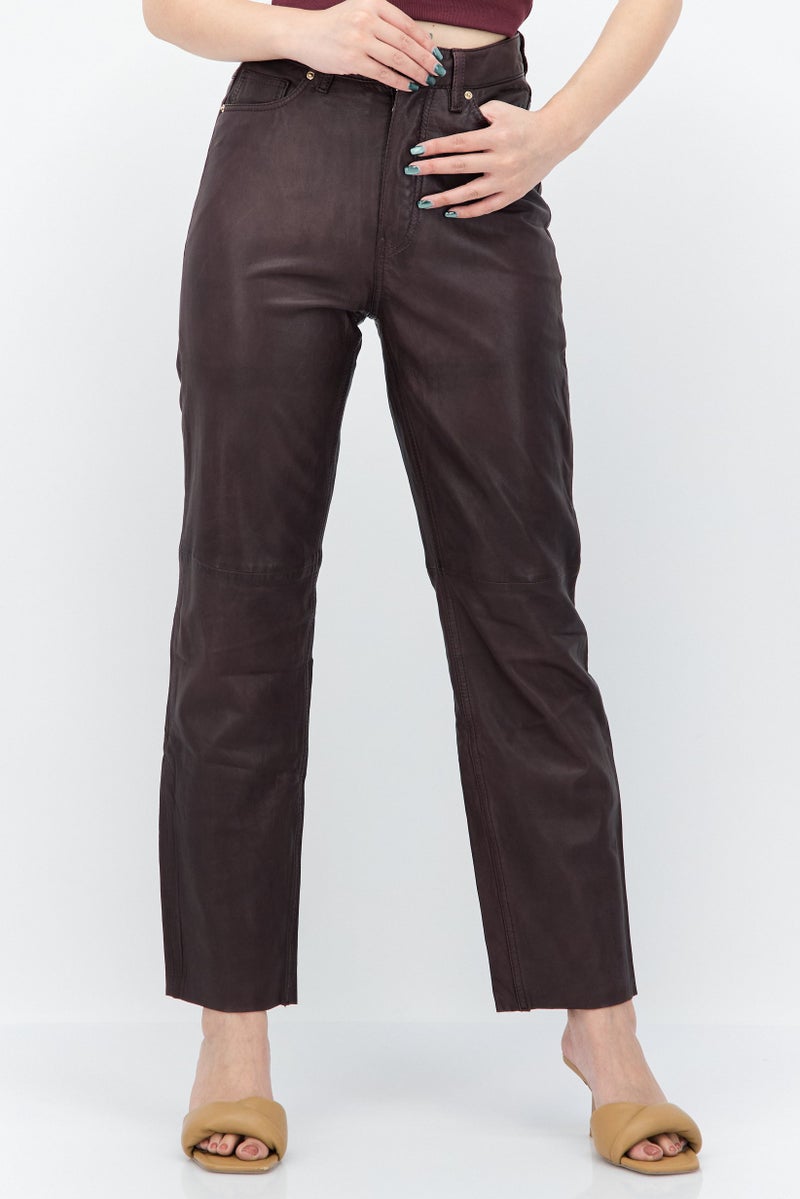 Women Regular Fit Solid Straight Leg Pants, Brown