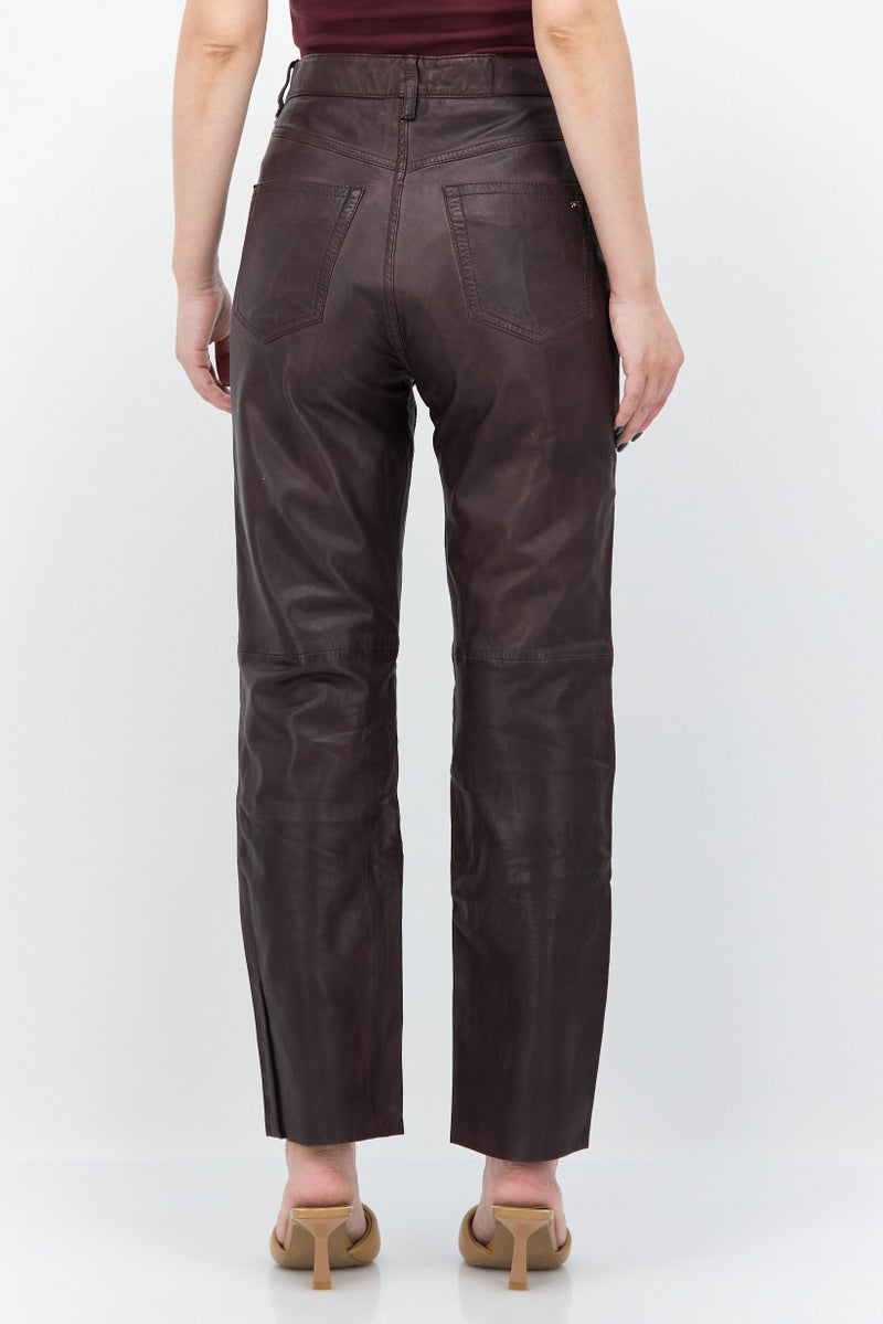 Women Regular Fit Solid Straight Leg Pants, Brown