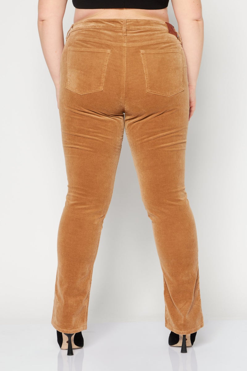 Women Regular Fit Mid Waist Corduroy Pants, Tan