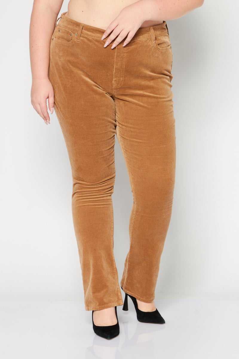 Women Regular Fit Mid Waist Corduroy Pants, Tan