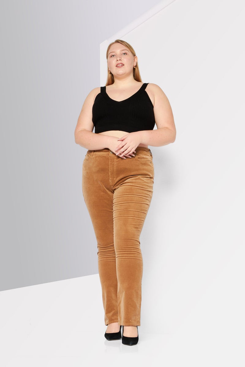 Women Regular Fit Mid Waist Corduroy Pants, Tan