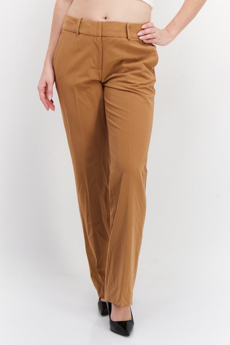 Women Plain Straight Leg Pants, Tan