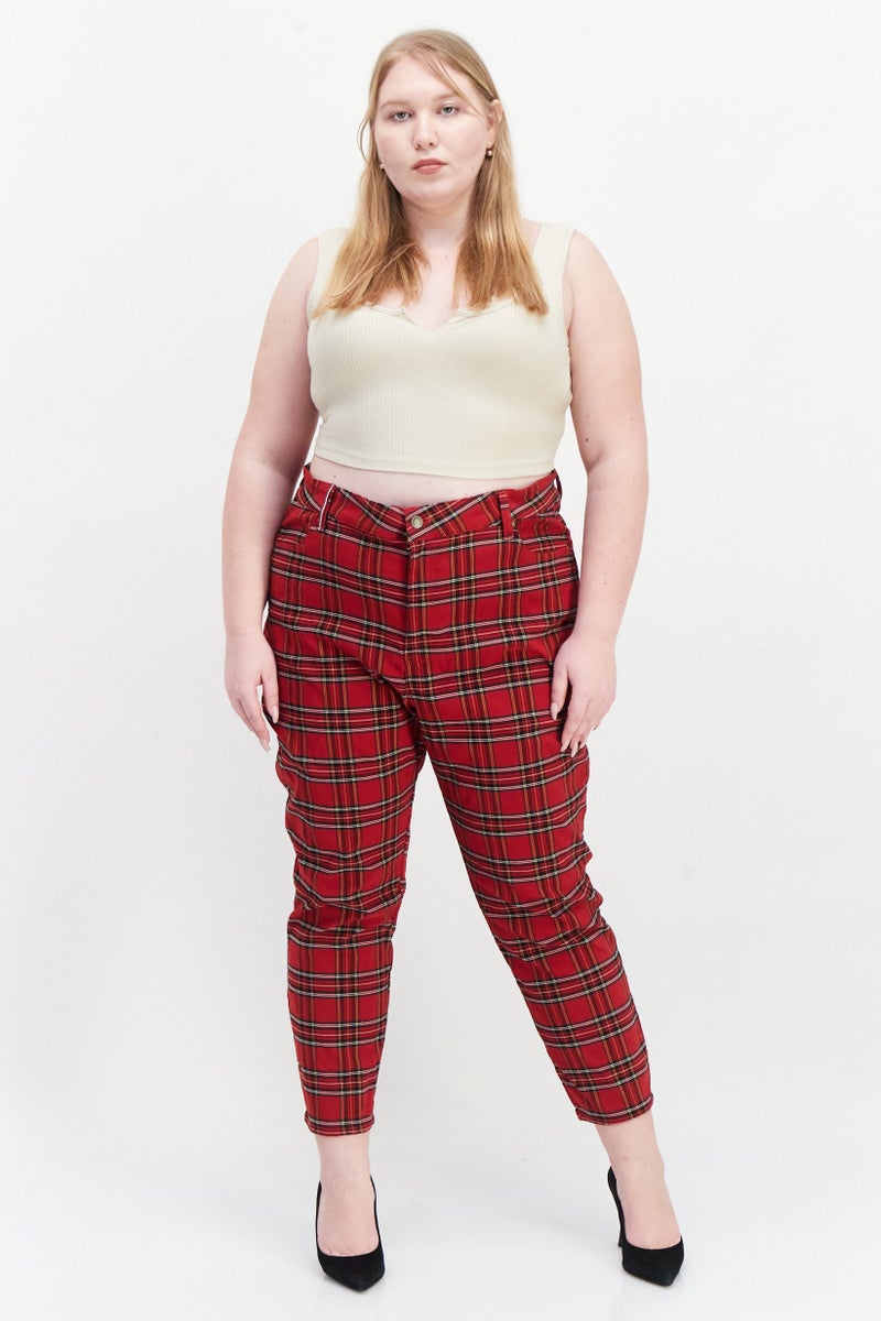 Women Plus Size Checkerd Skinny Pants, Red