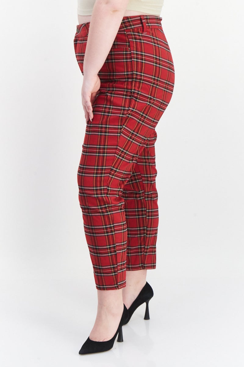 Women Plus Size Checkerd Skinny Pants, Red