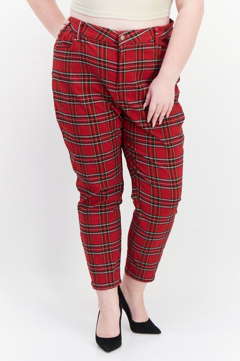 Women Plus Size Checkerd Skinny Pants, Red