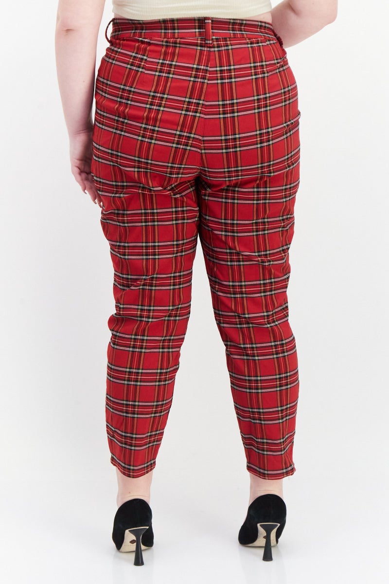 Women Plus Size Checkerd Skinny Pants, Red