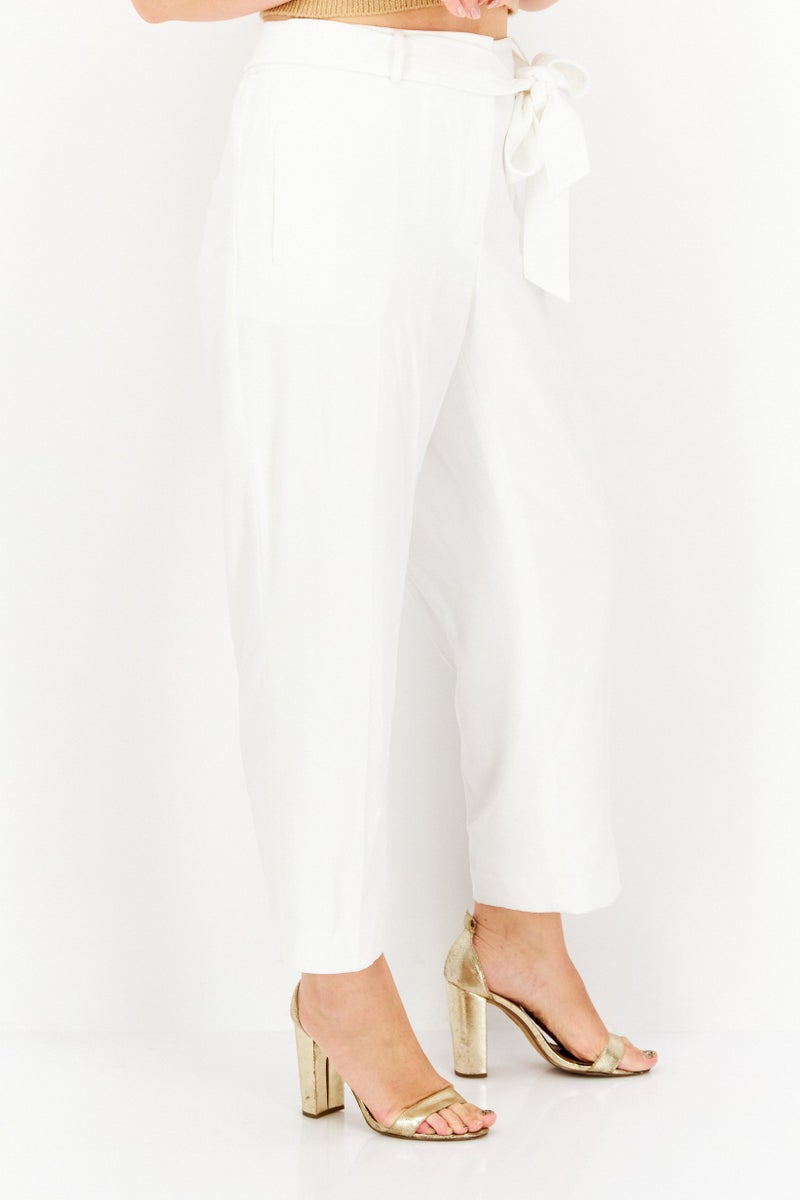 Women Plus Size Wide Leg Tie Waist Textured Pants, White