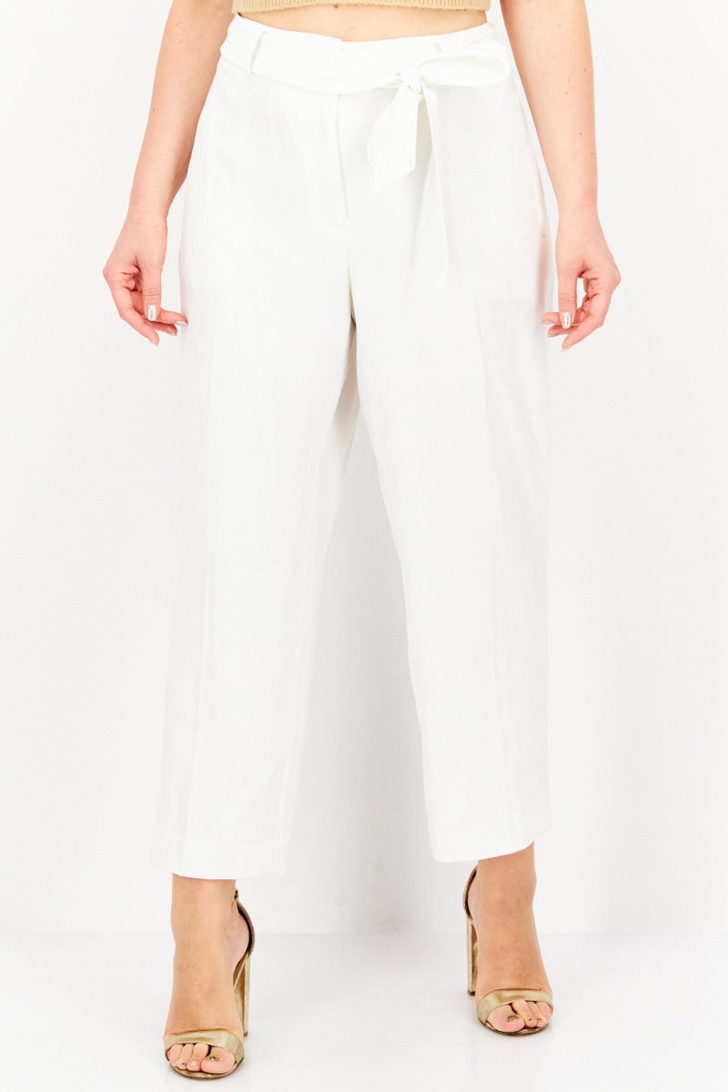 Women Plus Size Wide Leg Tie Waist Textured Pants, White