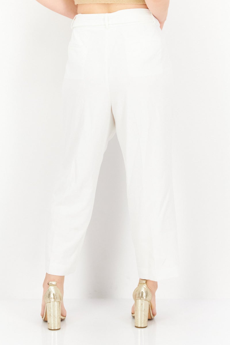 Women Plus Size Wide Leg Tie Waist Textured Pants, White