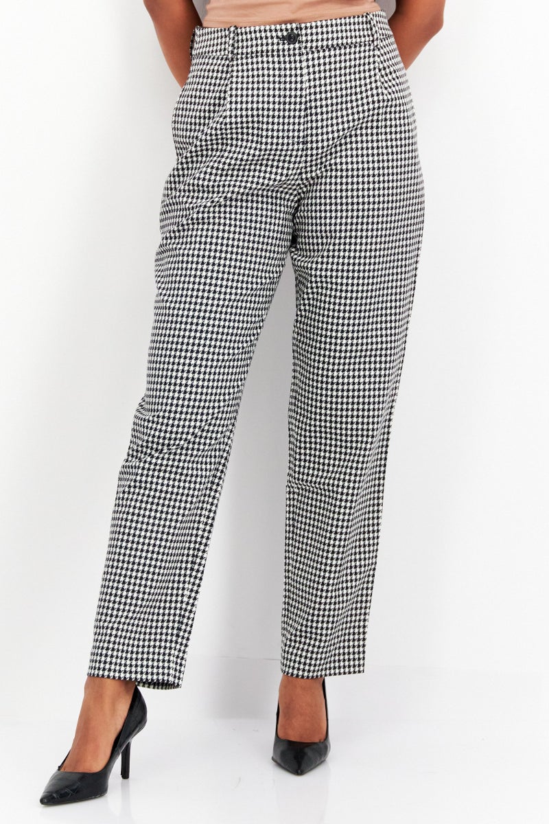 Women Micro Checkered Straight Leg Pants, White/Black