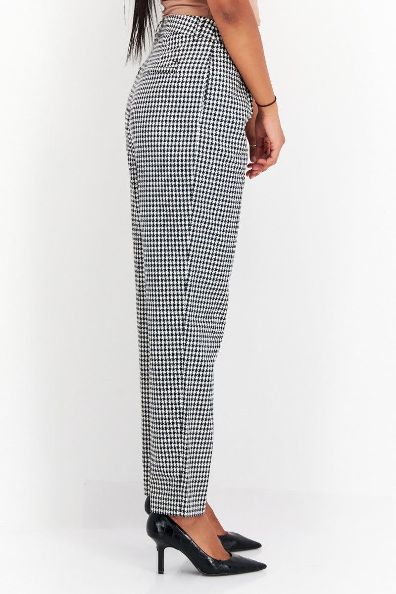 Women Micro Checkered Straight Leg Pants, White/Black