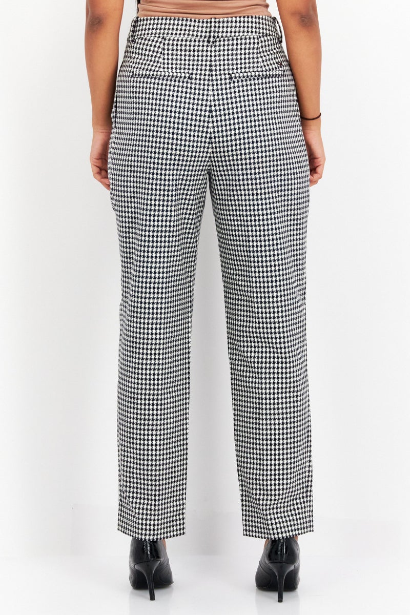 Women Micro Checkered Straight Leg Pants, White/Black