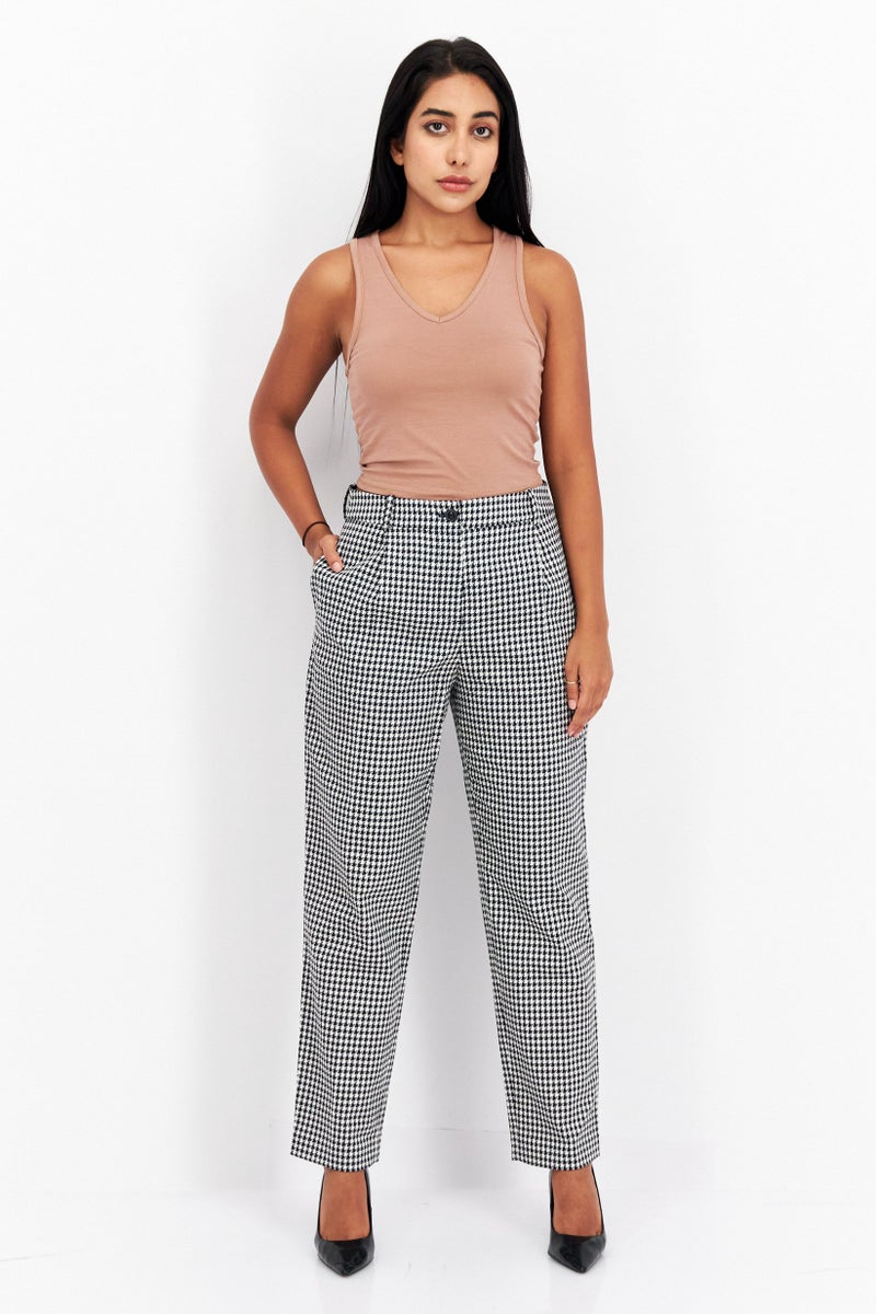 Women Micro Checkered Straight Leg Pants, White/Black