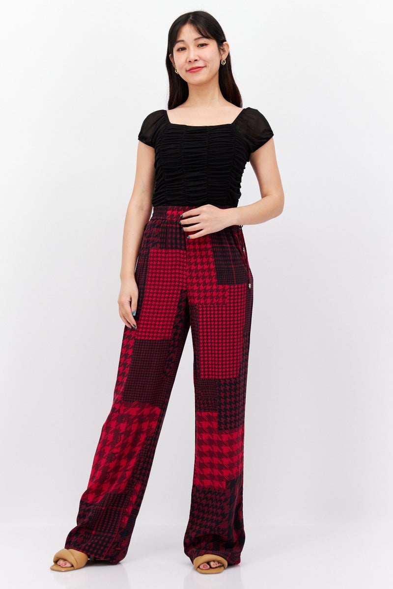 Women Tapered Fit Allover Prin Palazzo Pants, Red/Black