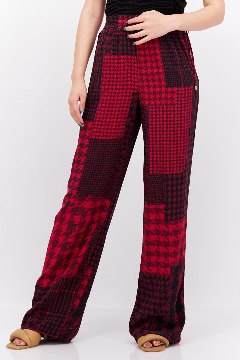 Women Tapered Fit Allover Prin Palazzo Pants, Red/Black