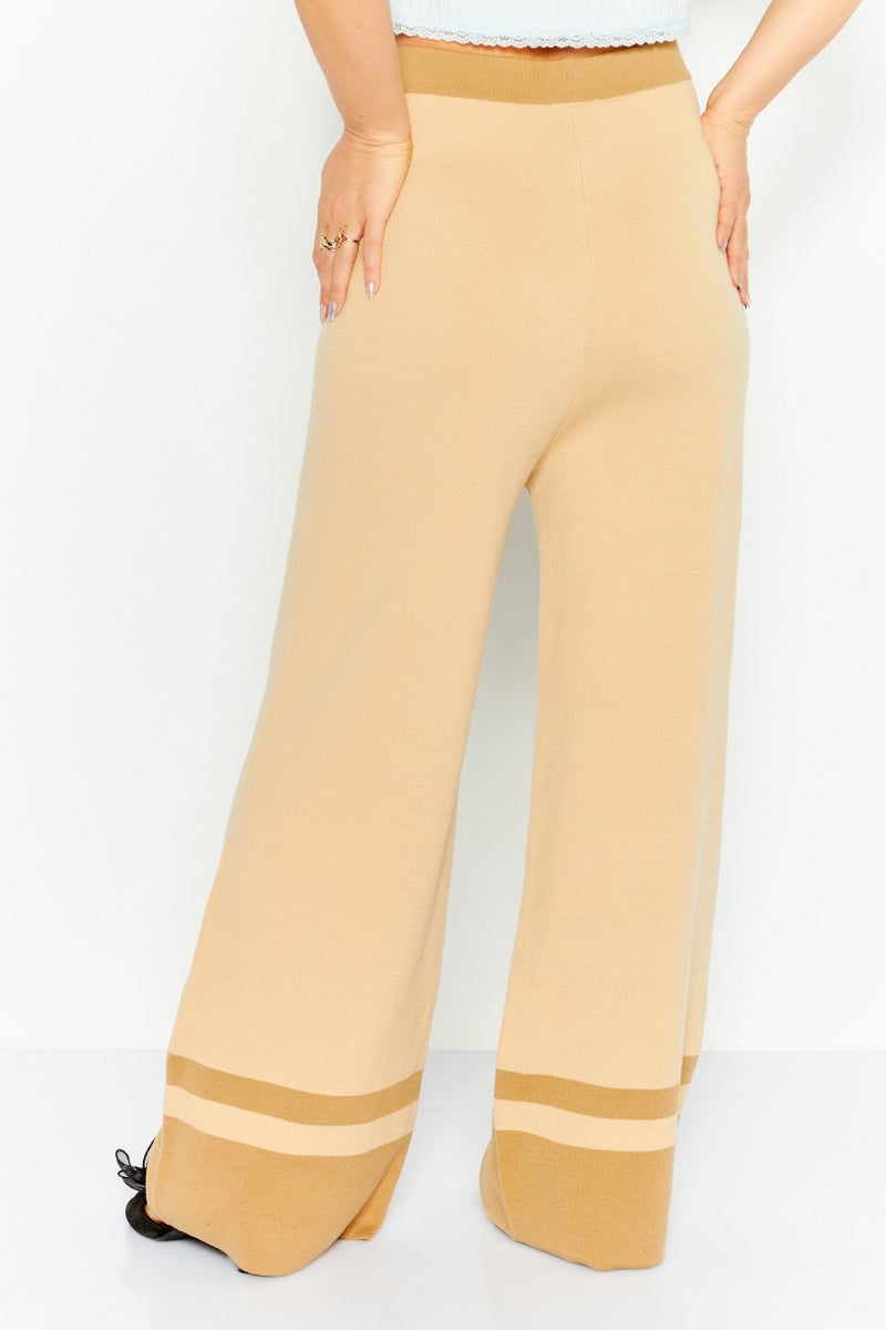 Women Regular Fit Knitted Wide Leg Pants, Beige