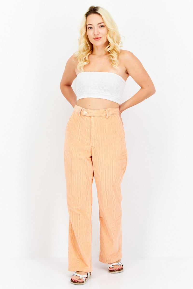 Women Regular Fit Plain Corduroy Pants, Peach