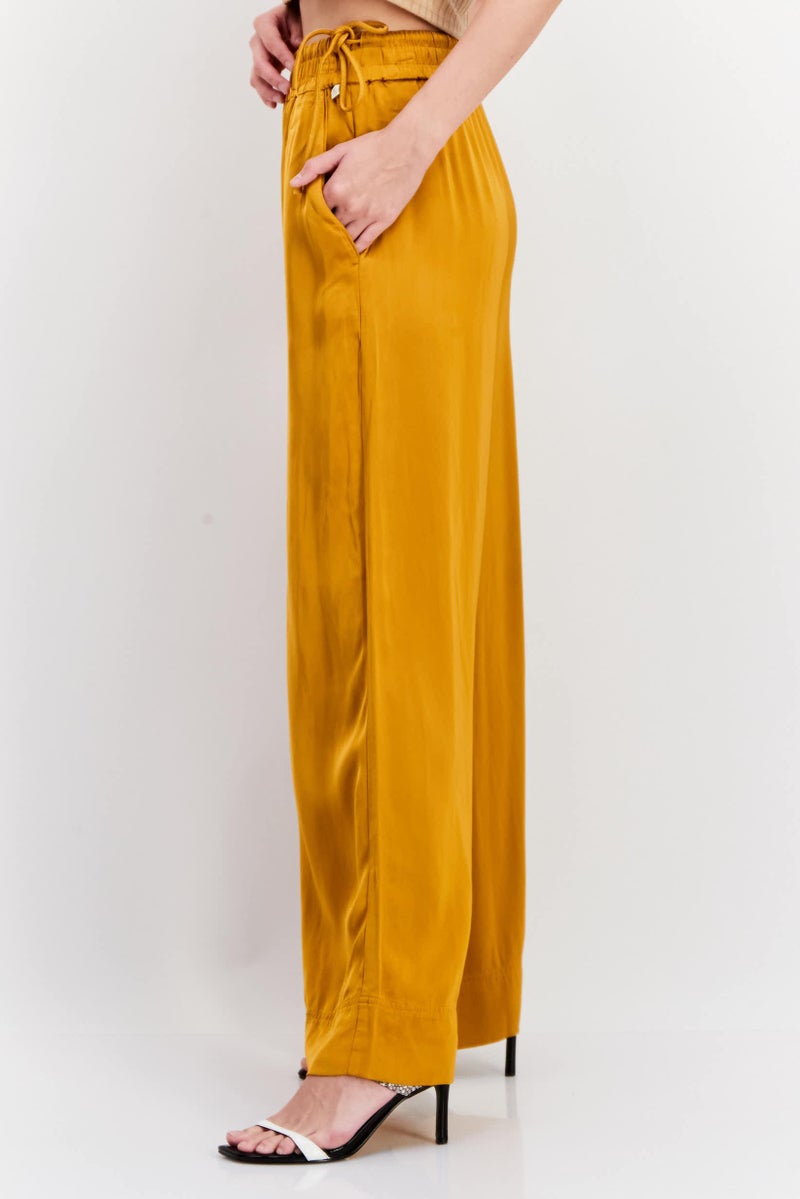 Women Regular Fit Solid Wide Leg Pants, Mustard