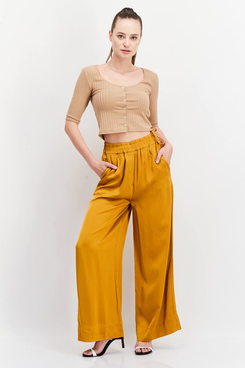 Women Regular Fit Solid Wide Leg Pants, Mustard