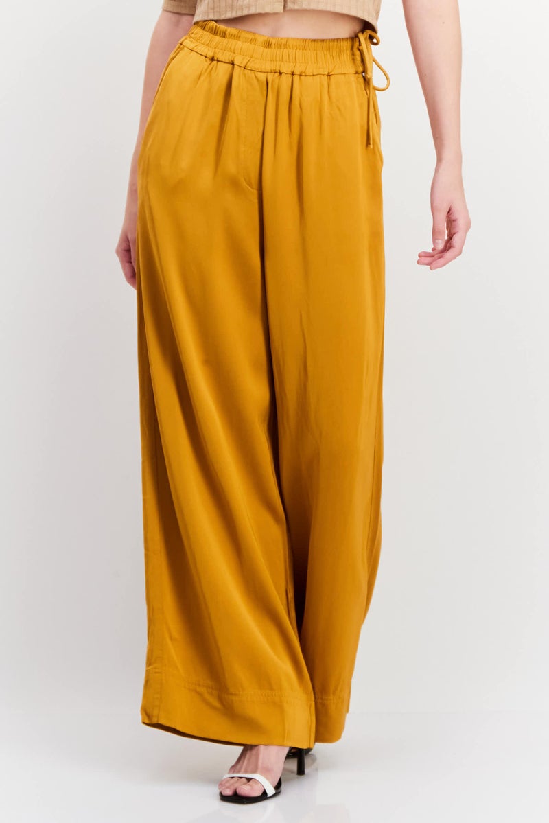 Women Regular Fit Solid Wide Leg Pants, Mustard