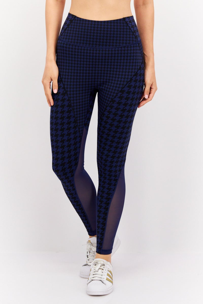 Women Sportswear Fit Houndstooth Pattern Training Leggings, Dark Blue/Black