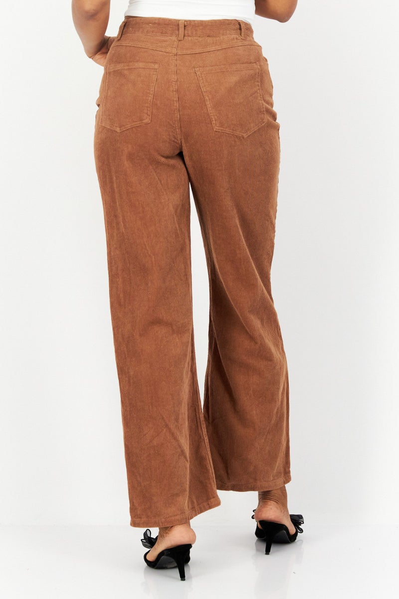 Women Wide Leg Textured Corduroy Pants, Light Brown