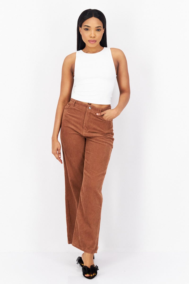 Women Wide Leg Textured Corduroy Pants, Light Brown