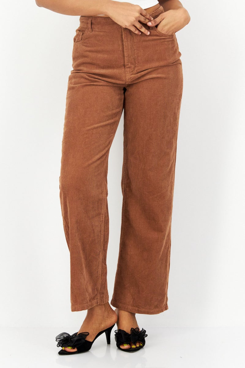 Women Wide Leg Textured Corduroy Pants, Light Brown