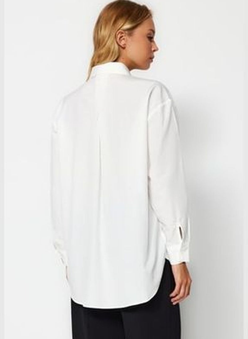 Ecru Collar Stone Detailed Oversize Woven Shirt TWOAW24GO00168