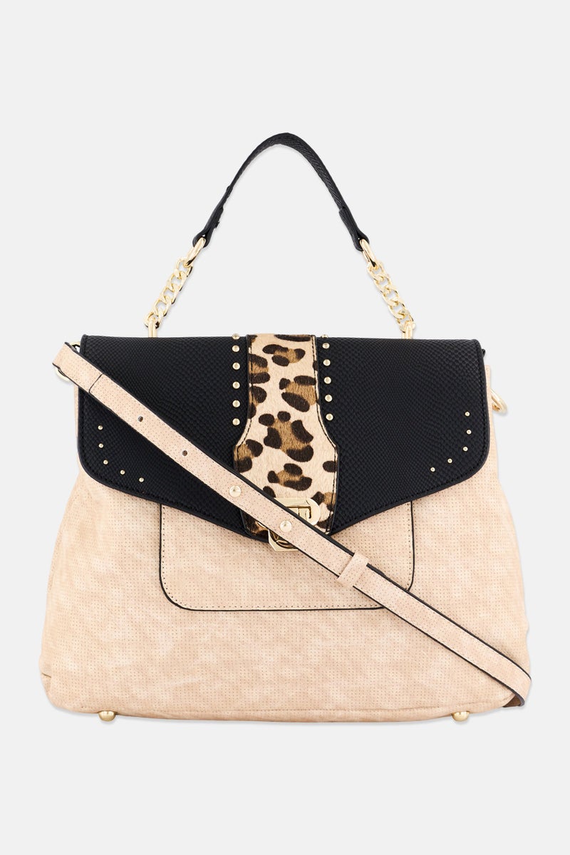 Women Animal Print Cross Body Bag 26 H x 32 L x 15 W cm, Beige Combo