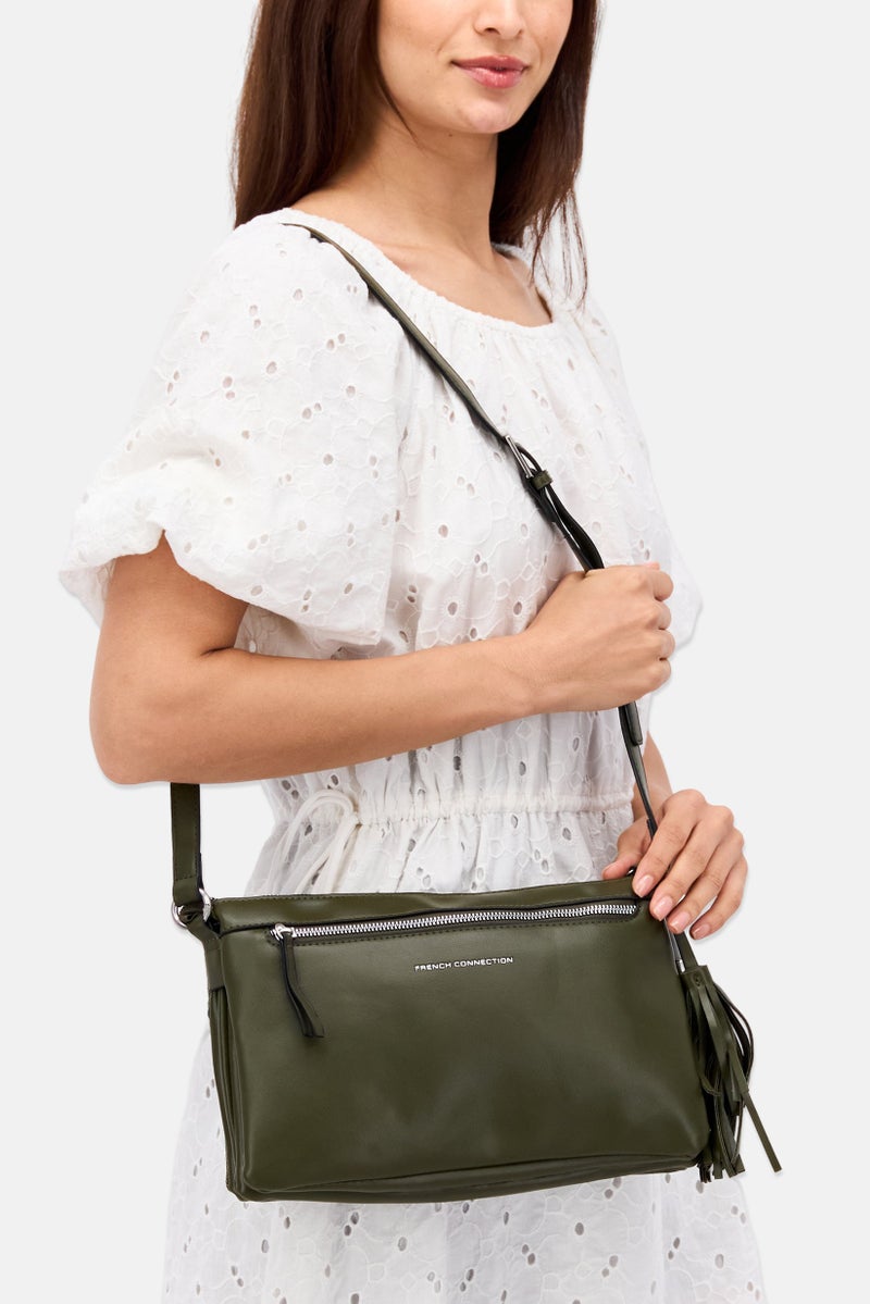 Women Textured Cross Body Bag 21 H x 32 L x 6 W cm, Olive Combo