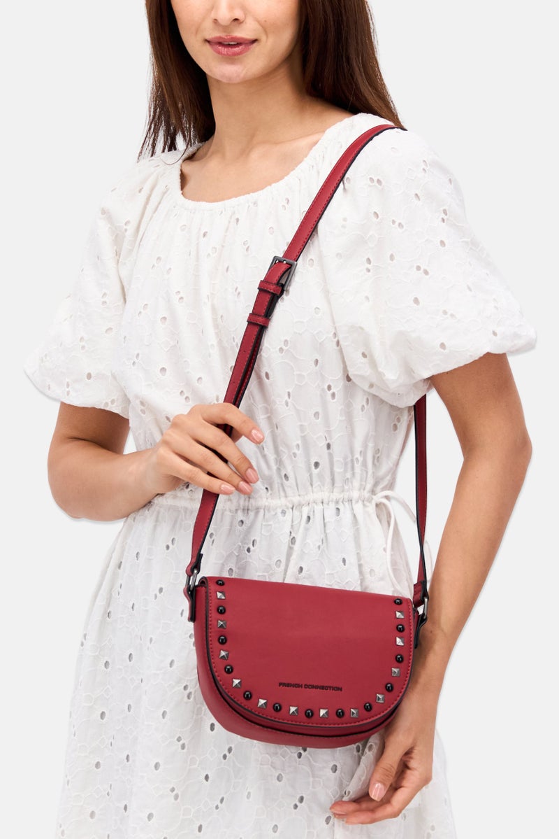 Women Stud Cross Body Bag 15 H x 20 L x 6 W cm, Maroon