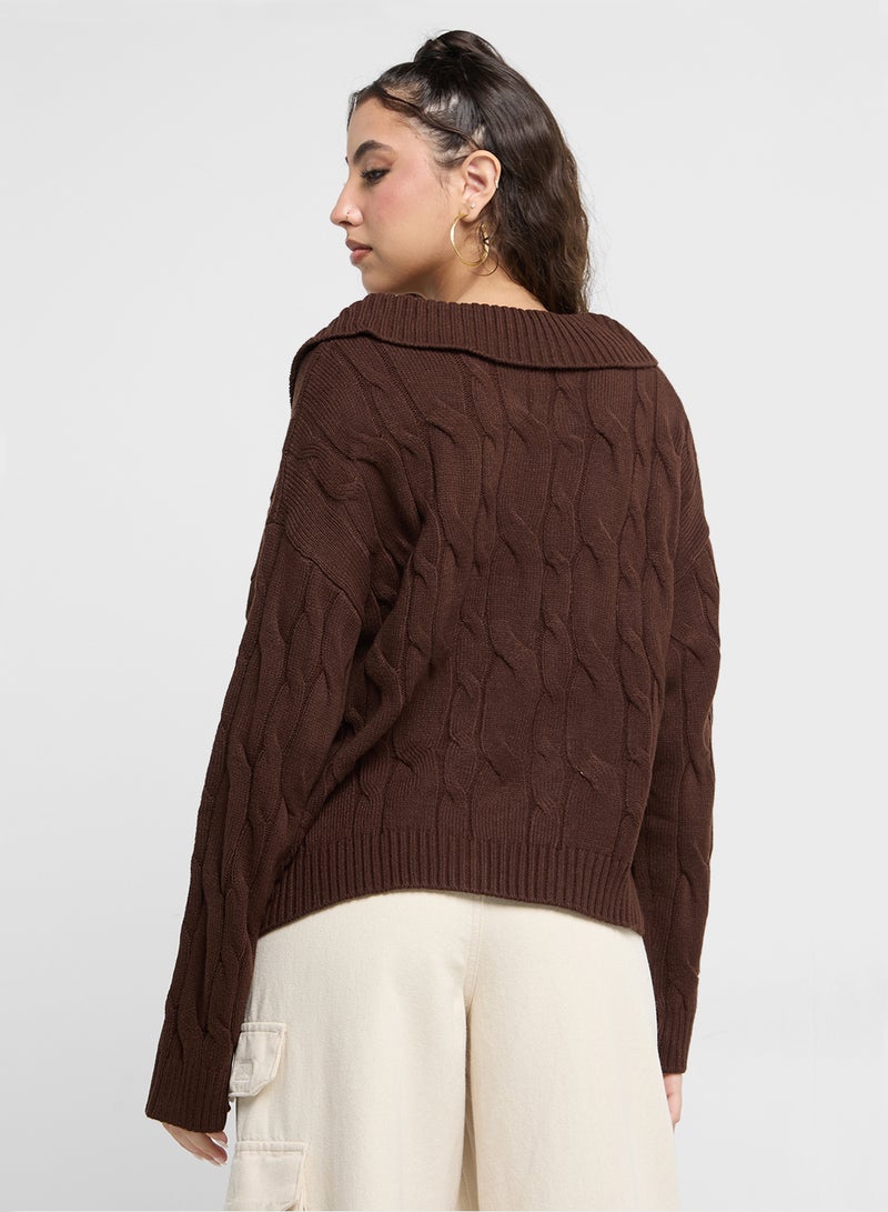 Cable Knit Polo Neck Sweater