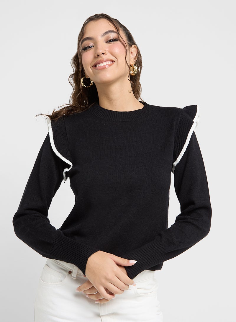 Ruffle Contrast Trim Crew Neck Sweater