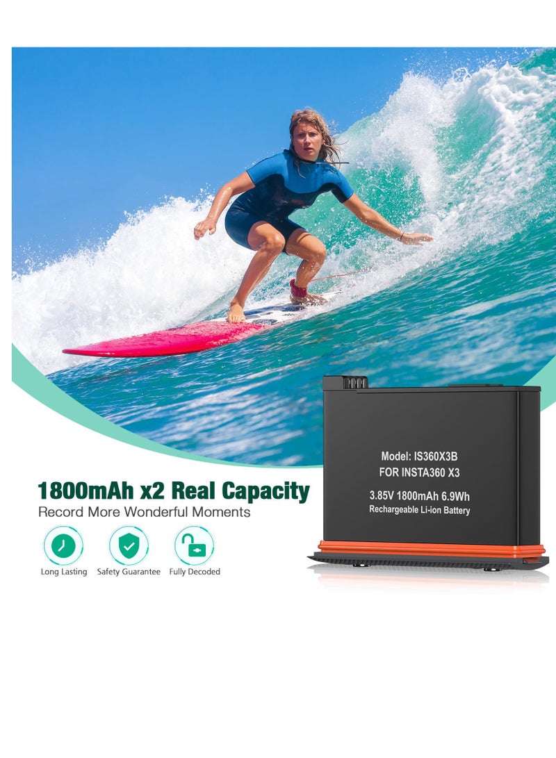 2 Packs Replacement for Insta 360 x3 Battery 1800mAh and Dual Slot USB Fast Charger Hub Compatible with Insta360 X3 Action Camera High Capacity Electric Core (Fully Compatible with Original)