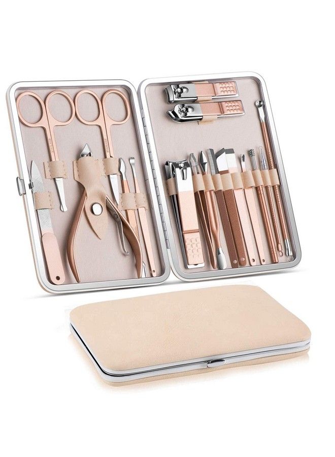 18 In 1 Stainless Steel Professional Manicure Set Nail Cutter For Women Nail Scissors Grooming Kit Manicure Pedicure Kit For Women Nail Acne Remover Needle Blackhead Tool With Leather Case